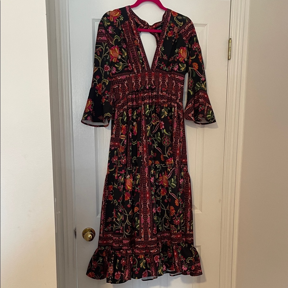 Vici Black Dress with Red & Fuchsia Floral Patterns